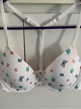PINK Victoria's Secret White T-Back Bra with Multicolor Butterfly Print